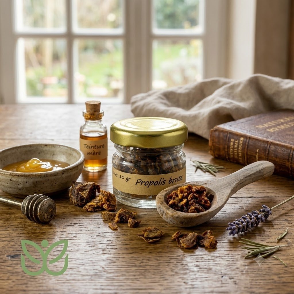 Pot de propolis brute et flacon de teinture mère sur une table en bois avec romarin