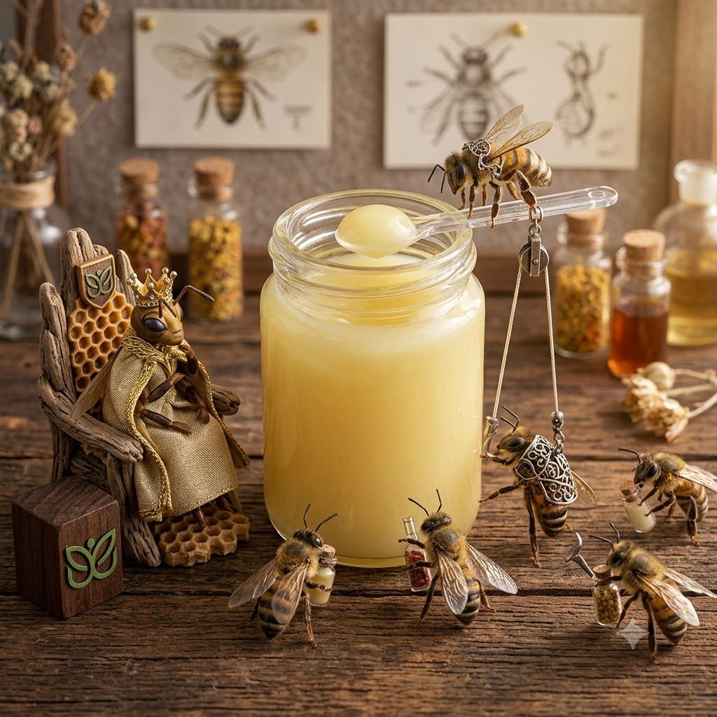 Pot de gelée royale fraîche entouré de figurines d'abeilles décoratives