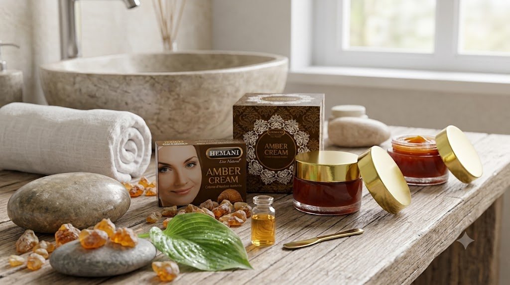 Crème à l'ambre Hemani en pot doré posée sur une pierre, cosmétique naturel oriental
