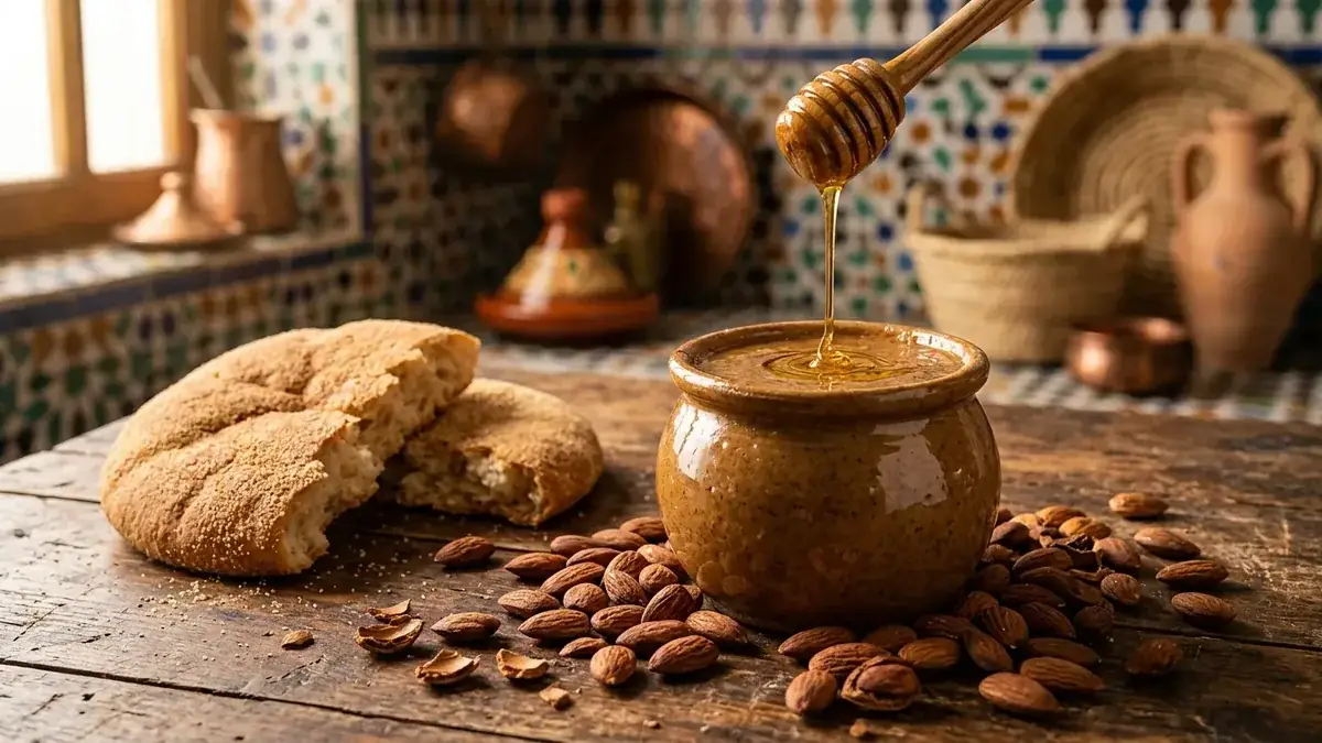 Pot d'amlou marocain avec amandes et huile d'argan