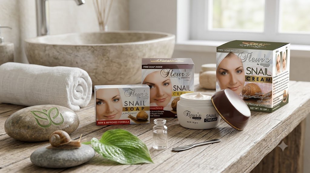 Crème visage à la bave d'escargot Fleur's avec coffret et pot ouvert