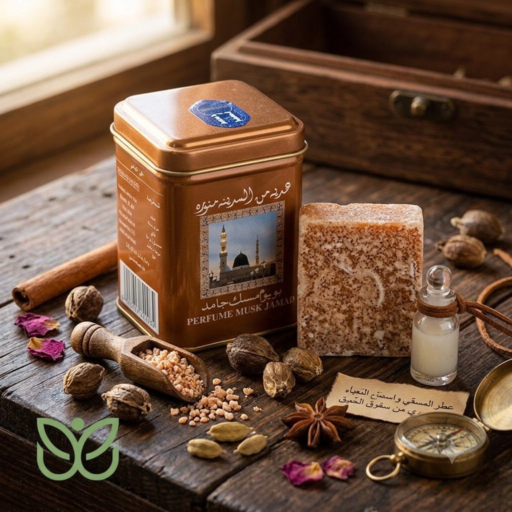 Boîte de musk jamid, musc solide traditionnel du Moyen-Orient, avec savon et épices