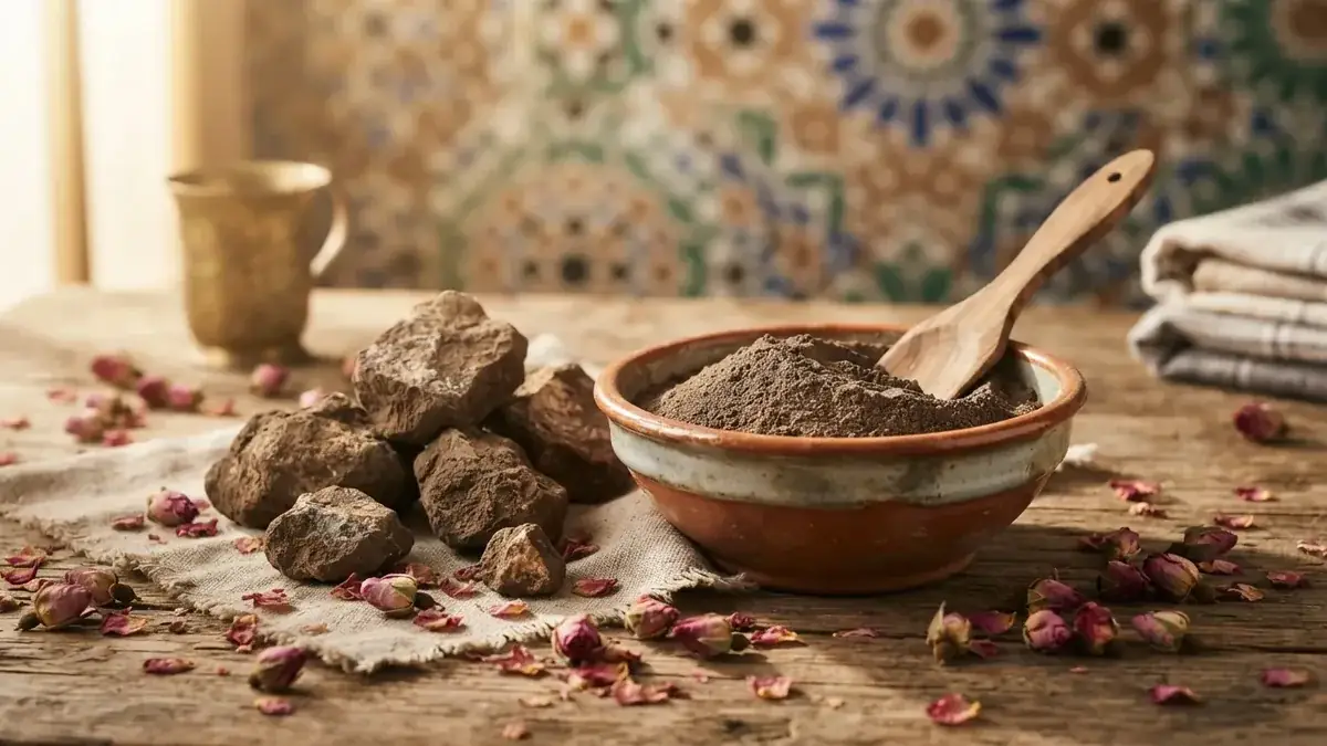 Ghassoul du Maroc en morceaux et en poudre avec roses séchées