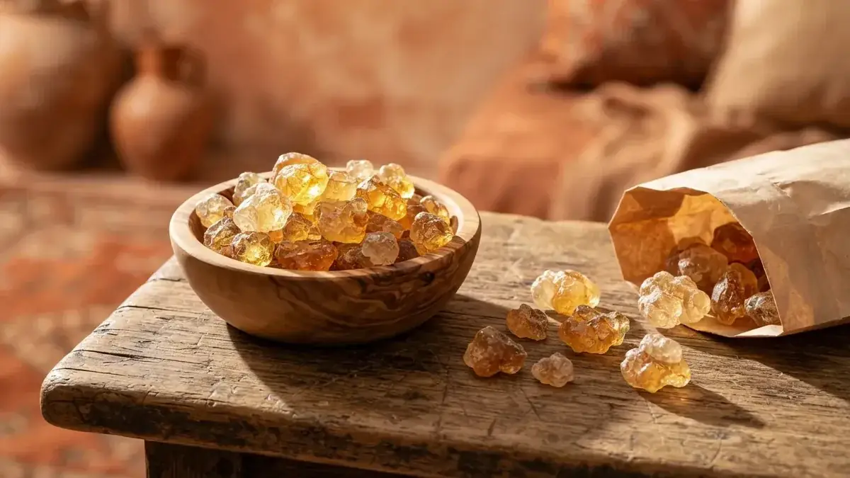 Gomme arabique : le trésor du Kordofan et ses bienfaits 1 Morceaux dorés de gomme arabique du Soudan dans une coupelle en bois d'olivier
