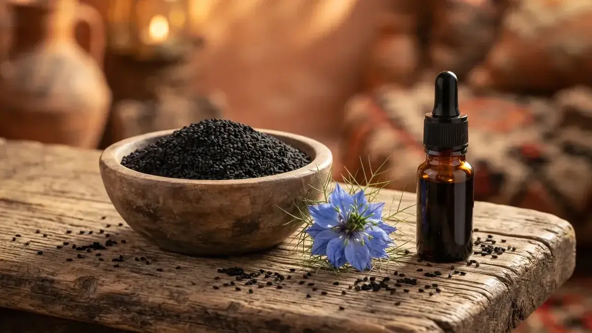 Graines de nigelle habba sawda avec fleur de nigelle et huile