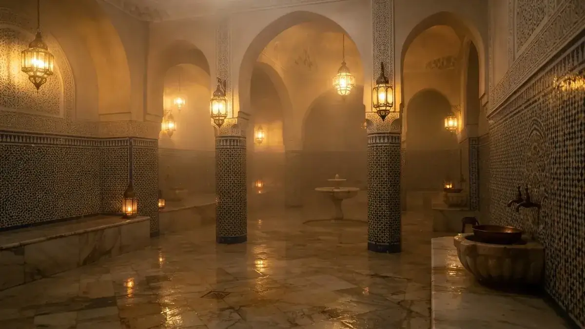 Intérieur d'un hammam traditionnel marocain aux zelliges et lanternes