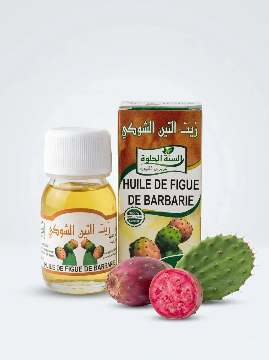 Huile de figue de barbarie (macérat) - Sweet Sunnah 30 ml 2 Flacon et étui d’huile de figue de barbarie Sweet Sunnah 30 ml, avec figues de barbarie fraîches et raquette de cactus