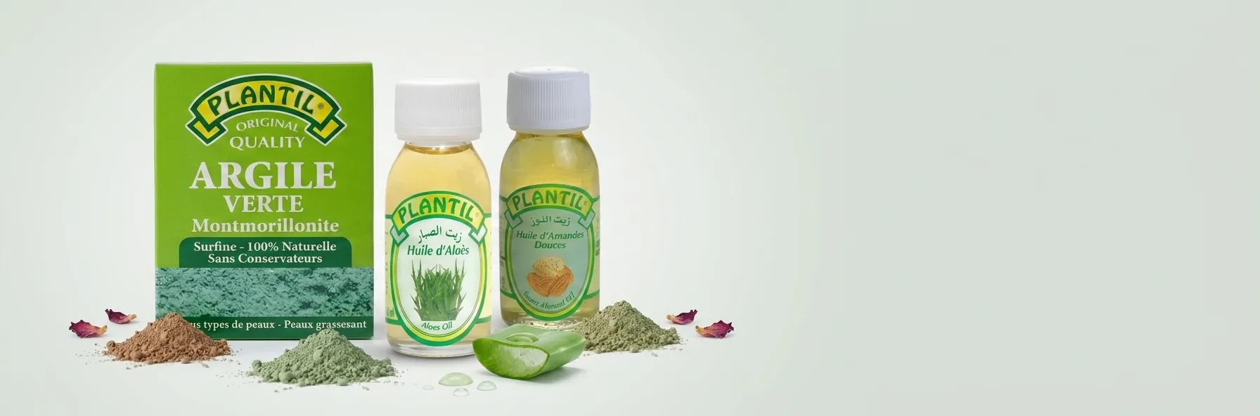 Gamme PLANTIL : argile verte montmorillonite, huile d’aloès et huile d’amandes douces
