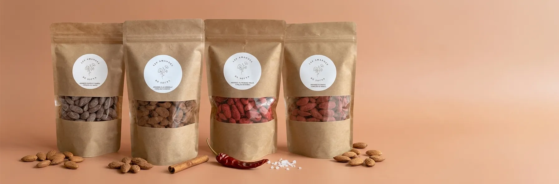 Les Amandes de Sofya : amandes fumées salées, cannelle, fromage rouge et piment