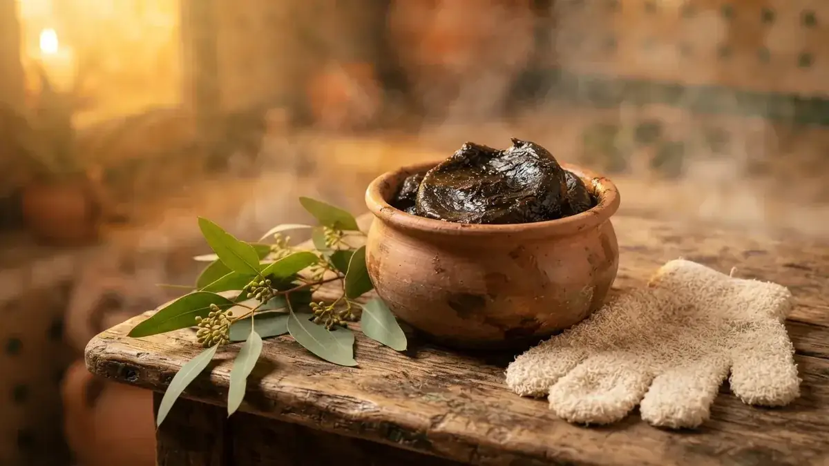 Savon noir traditionnel avec gant de kessa et eucalyptus